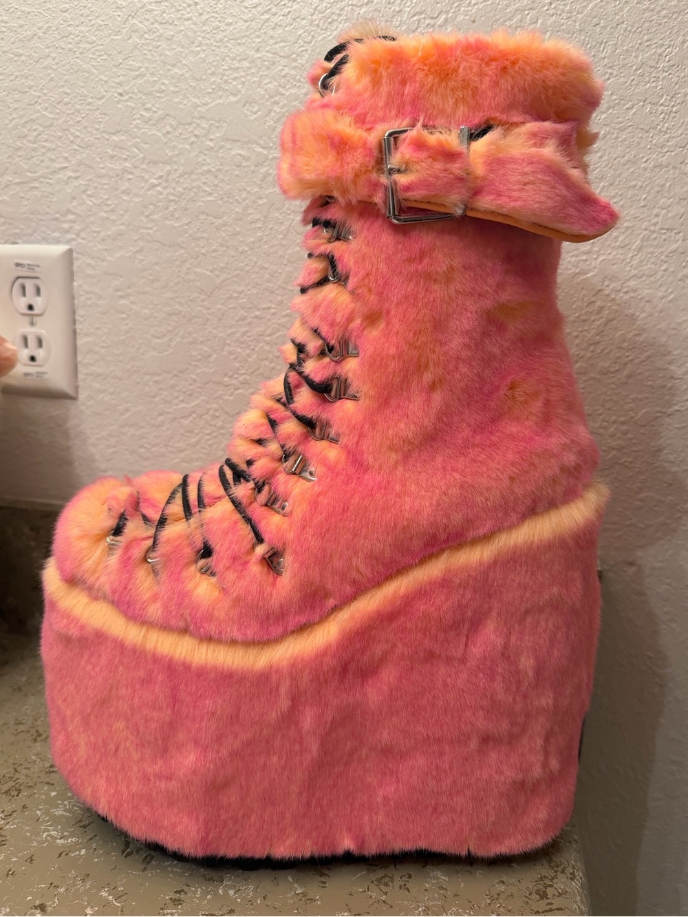 Club Exx Platform Fur Boots Pink/Orange *NWOB*